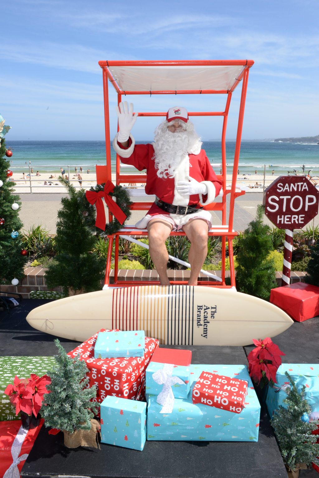 santa on a surfboard decoration